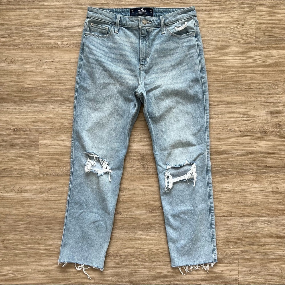 Hollister High-Rise Crop Slim Straight Jeans Distressed Light Rinse Stretch Sz 9 - Picture 2 of 10